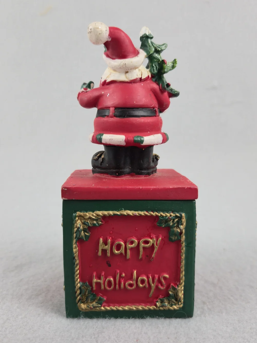 Vintage Hand Painted Santa Claus Resin Christmas Trinket Box Happy Holidays